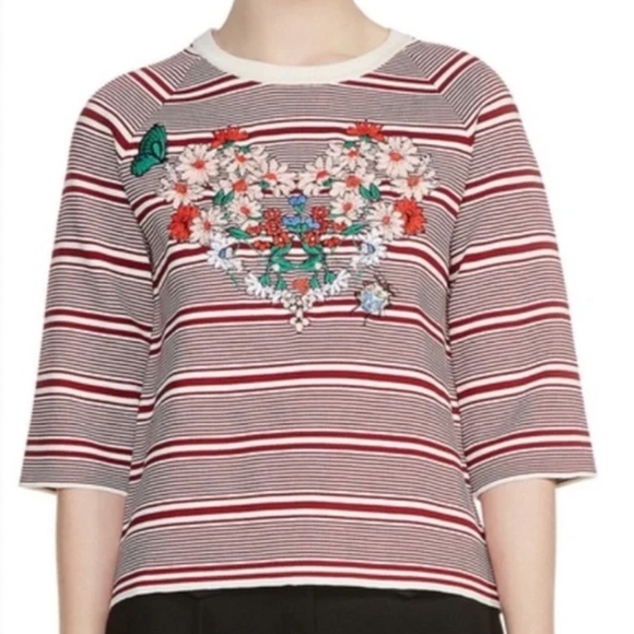 Maje Marco Floral Embroidered Heart Striped Sweater Red x White Size 2 (US M) - Picture 2 of 9